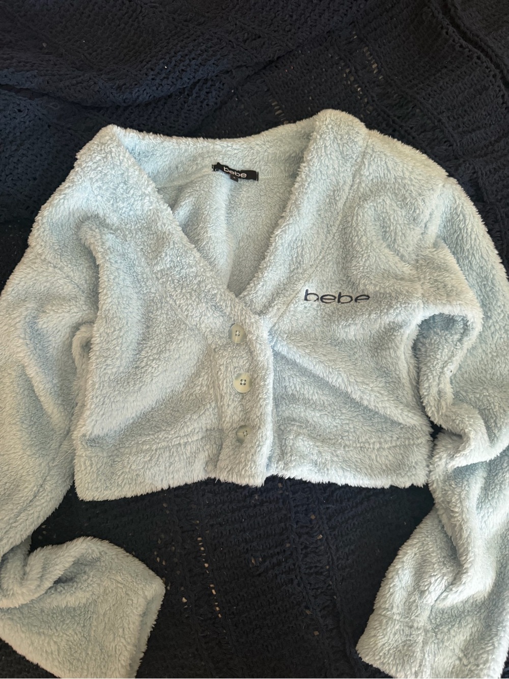 bebe Plush Cropped Cardigan Sweater - Light Blue